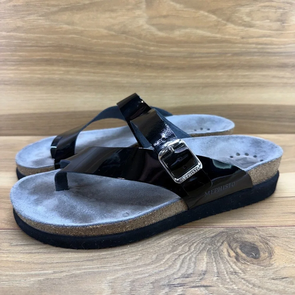 Mephisto Helen Sandals Womens 7 EU 37 Black Patent Leather Travel Vacation Walk